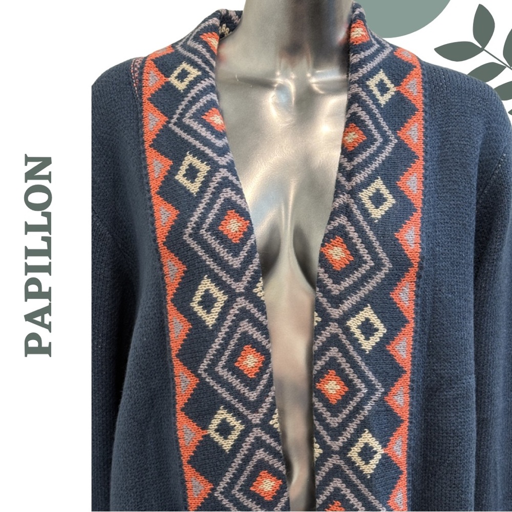 Papillon Blue Aztec Knit Cardigan Long Open Sweater Large - Picture 6 of 7
